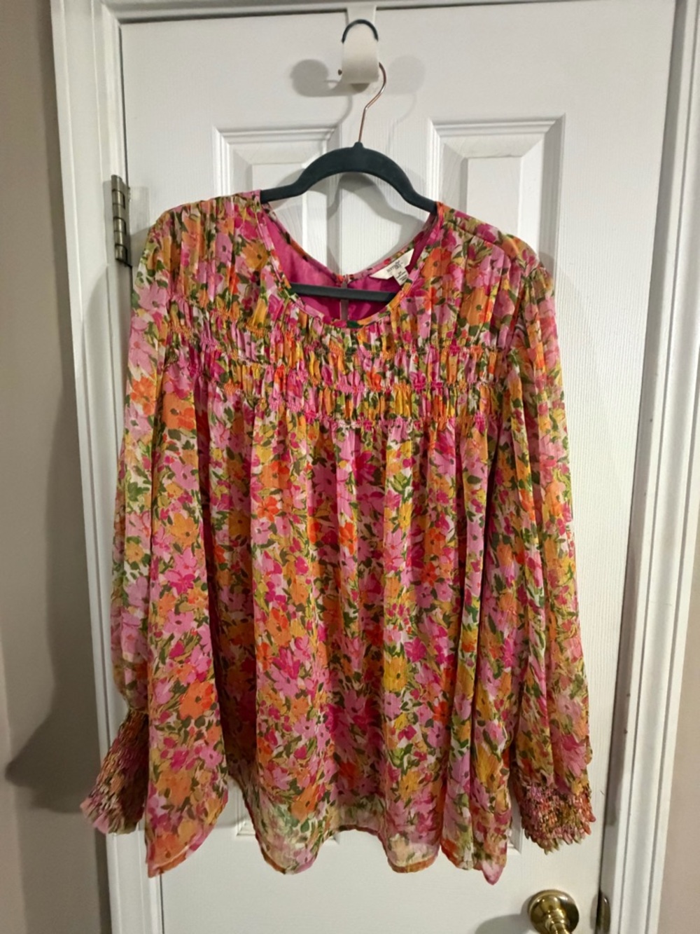 Terra & Sky Pink Orange Floral Smocked Peasant Top sheer sleeves but lined body.